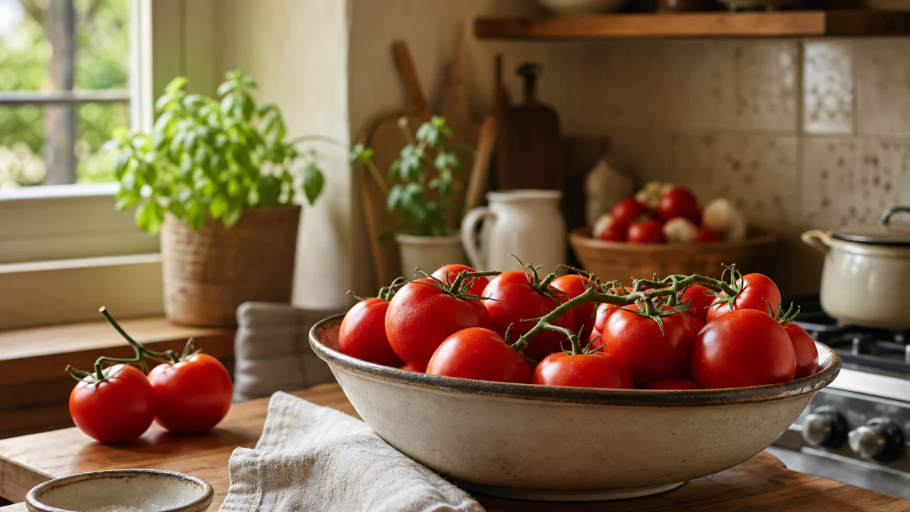 Ciotola di pomodori rossi maturi su un piano di legno in una cucina illuminata dalla finestra.
