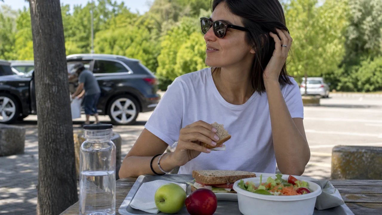 Viaggiatore a un tavolo esterno di area di servizio con panino, insalata, frutta e acqua durante una pausa estiva.