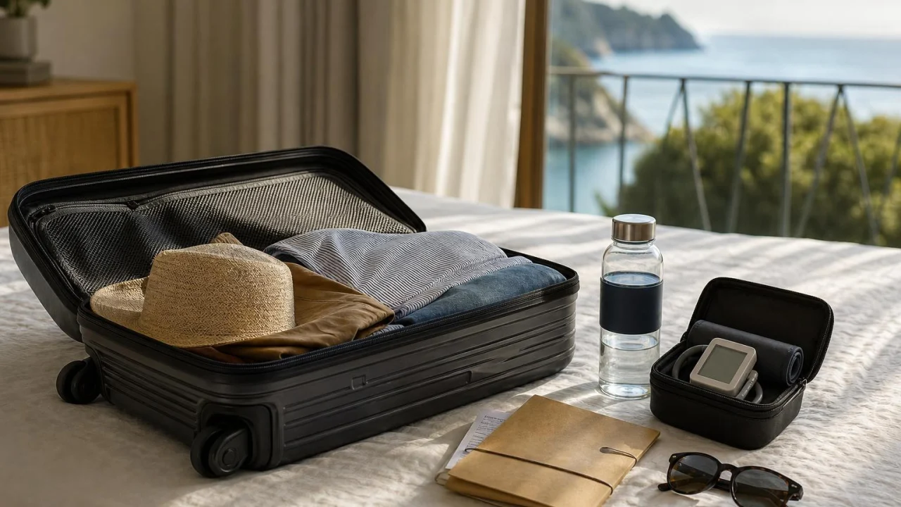 Valigia pronta con borraccia e kit sanitario essenziale per un viaggio estivo.