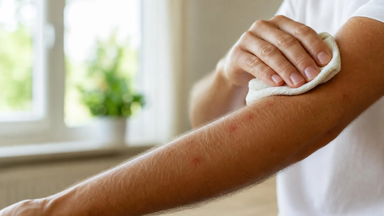 Avambraccio con piccoli ponfi arrossati e panno fresco appoggiato sulla pelle.