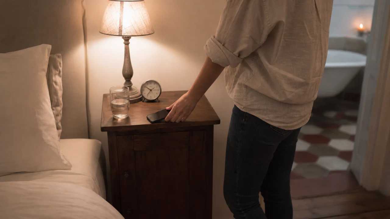 Camera da letto in luce calda con telefono appoggiato sul comodino e lenzuola chiare pronte per la notte.