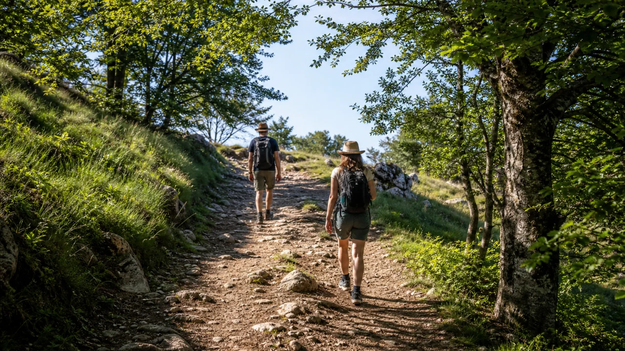 Escursionisti su un sentiero estivo ombreggiato con zaini leggeri.
