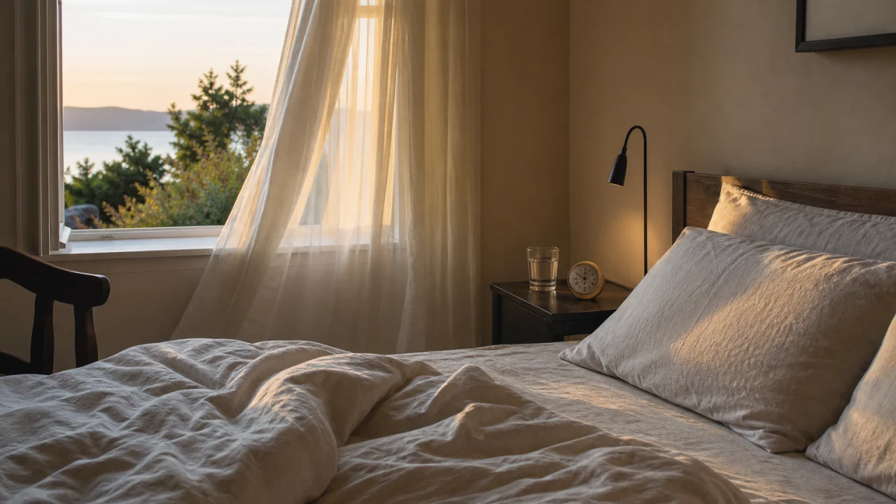 Camera da letto estiva al tramonto con lenzuola leggere, finestra socchiusa e igrometro sul comodino.