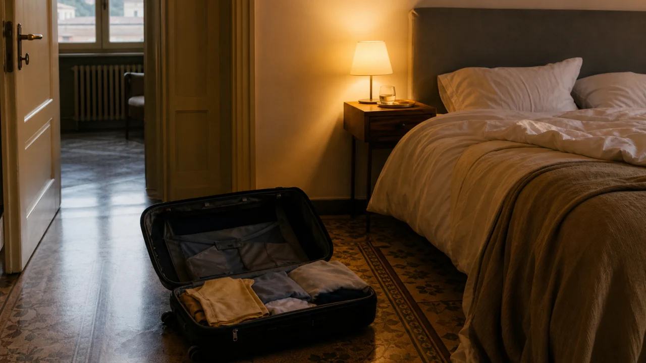 Valigia aperta sul pavimento di una camera da letto ordinata con lampada accesa.