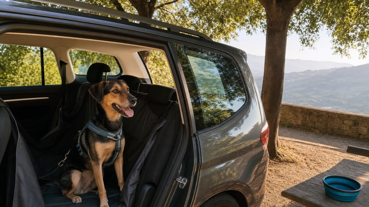 Cane con pettorina sul sedile posteriore di un'auto ferma durante una sosta estiva.