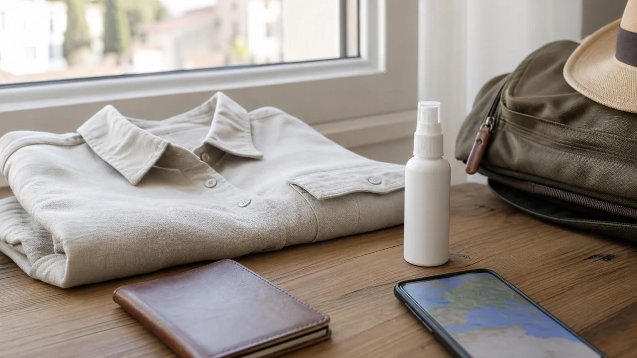 Tavolo da viaggio estivo con camicia leggera, repellente neutro e documenti.