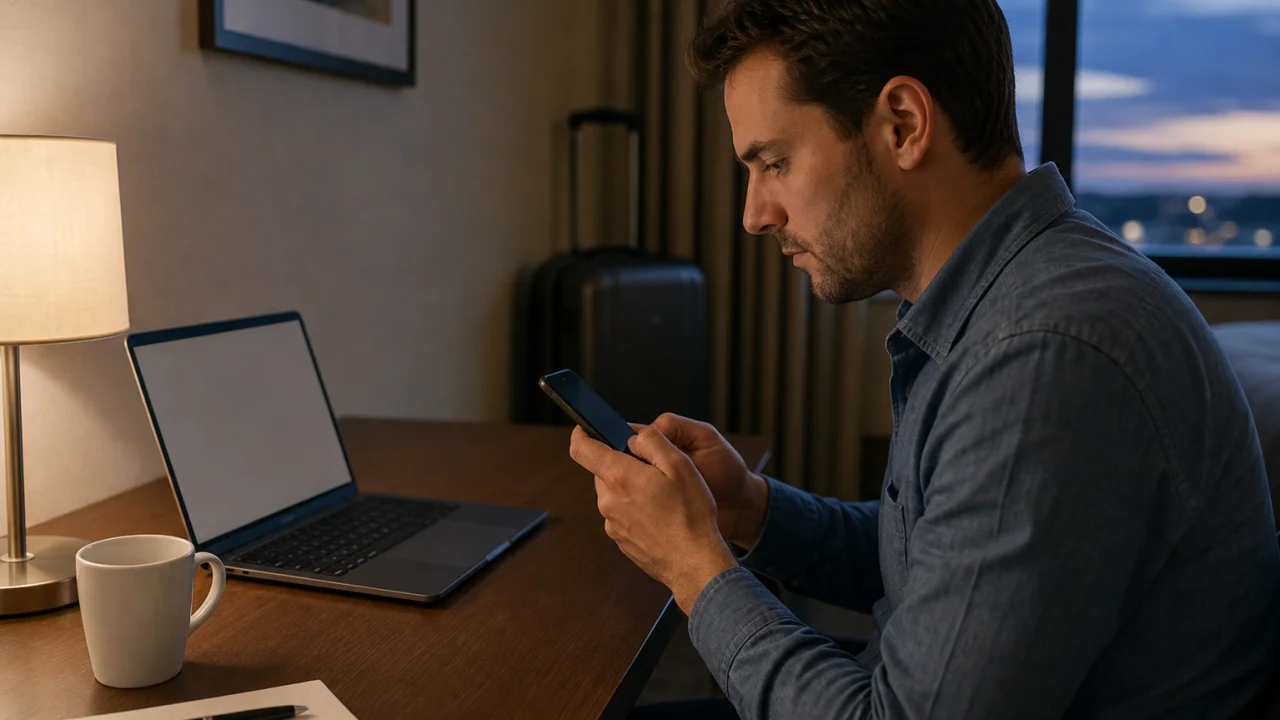 Viaggiatore usa smartphone e laptop in una stanza di hotel illuminata dalla finestra.