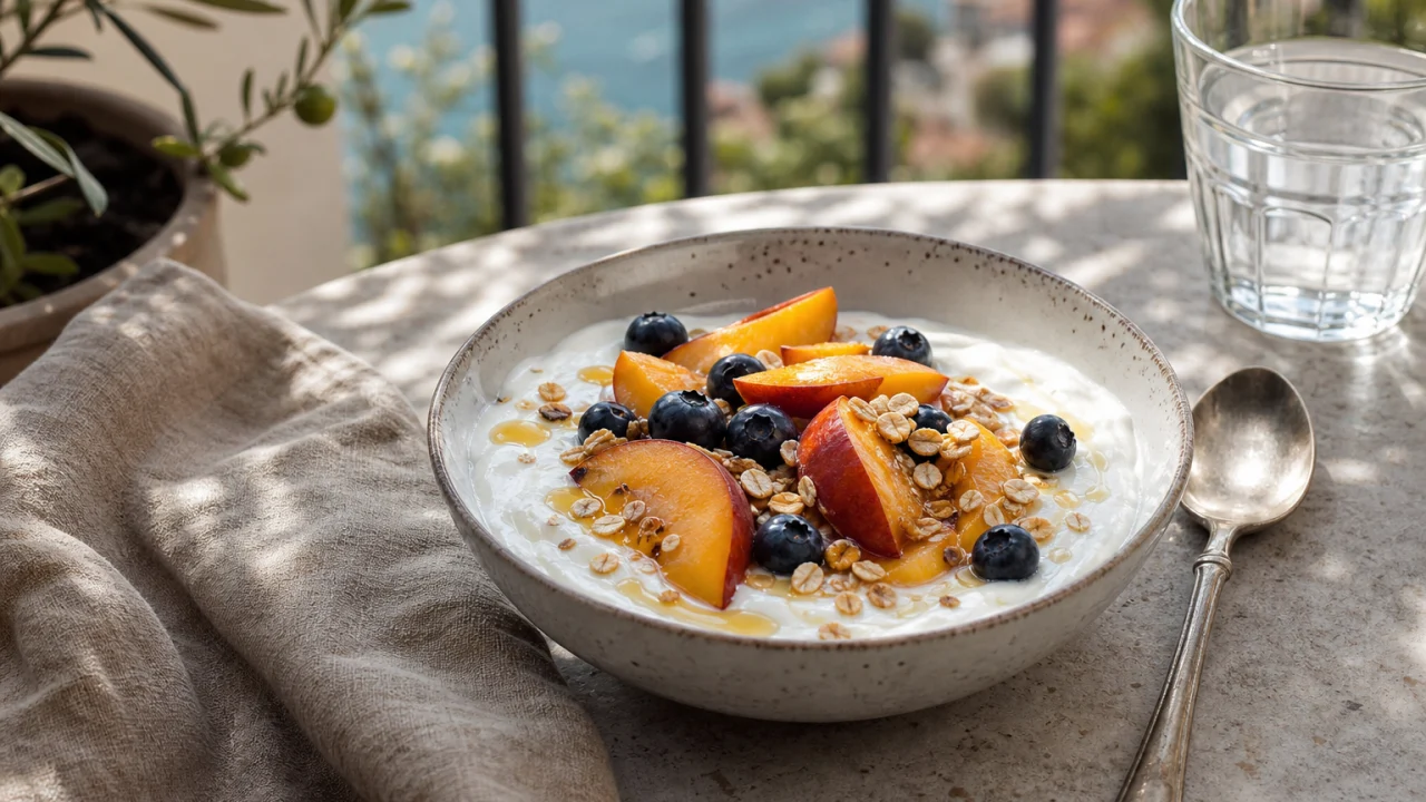 Ciotola di yogurt greco con pesche, mirtilli, avena e miele su un balcone estivo in luce naturale.