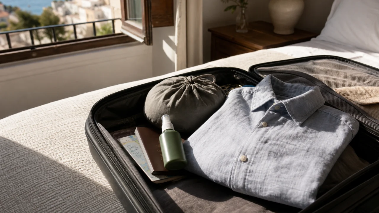 Valigia aperta su un letto con repellente, camicia leggera e zanzariera da viaggio.