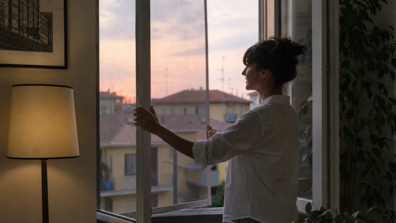Persona che chiude una finestra con zanzariera in un soggiorno estivo al tramonto.