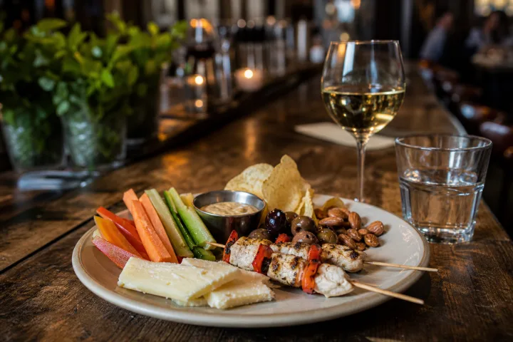 Piatto da aperitivo con verdure crude, piccoli assaggi proteici e bevande su un tavolo di legno.