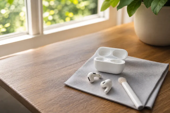 Auricolari wireless su un asciugamano pulito con panno in microfibra e custodia aperta.
