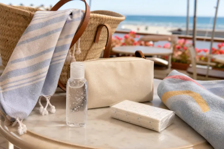Pochette con gel mani, fazzoletti e asciugamano vicino a una borsa da spiaggia.