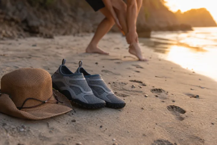 Scarpe acquatiche e cappello appoggiati sulla sabbia vicino a impronte in riva al mare.