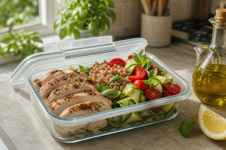 Contenitore aperto con pollo freddo, farro, zucchine, pomodorini, basilico e limone su un piano cucina