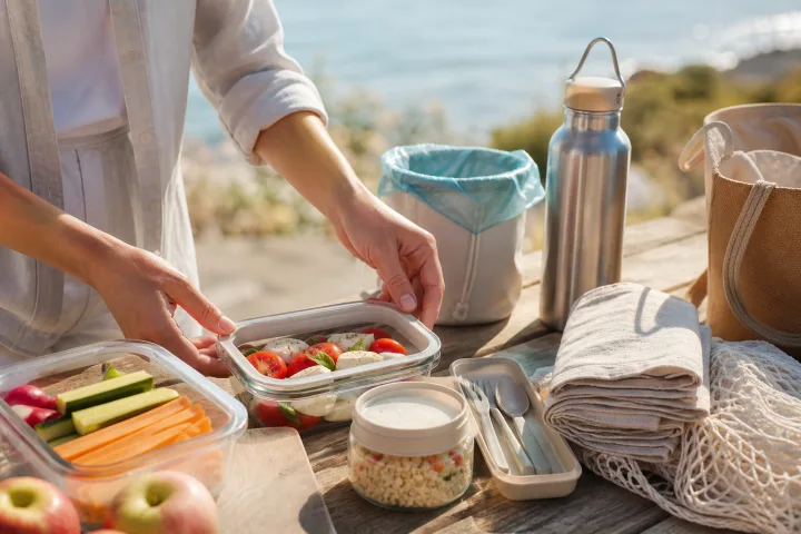 Mani pulite che sistemano contenitori, posate riutilizzabili, tovaglioli e borraccia per una cena fuori casa vicino al mare.