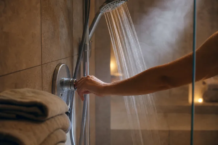 Mano che regola una doccia tiepida in un bagno illuminato da luce calda serale.