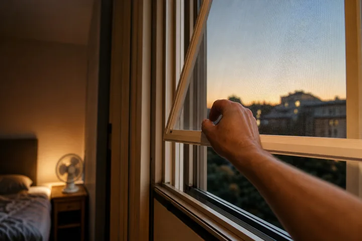 Mano che abbassa una zanzariera su una finestra aperta al tramonto in camera da letto
