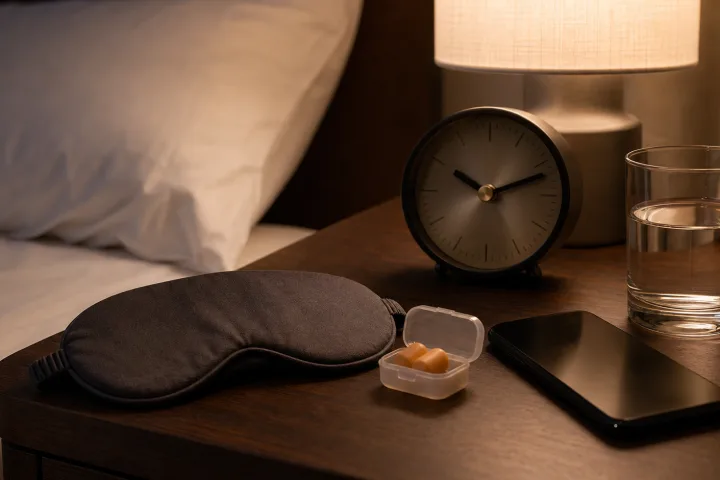 Comodino di hotel con mascherina, tappi, acqua e telefono spento preparati prima della notte
