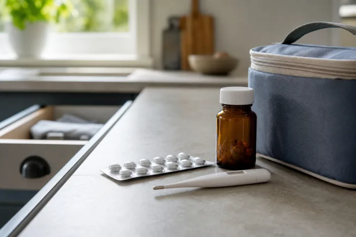 Farmaci senza marchio su un piano di cucina con termometro e custodia termica