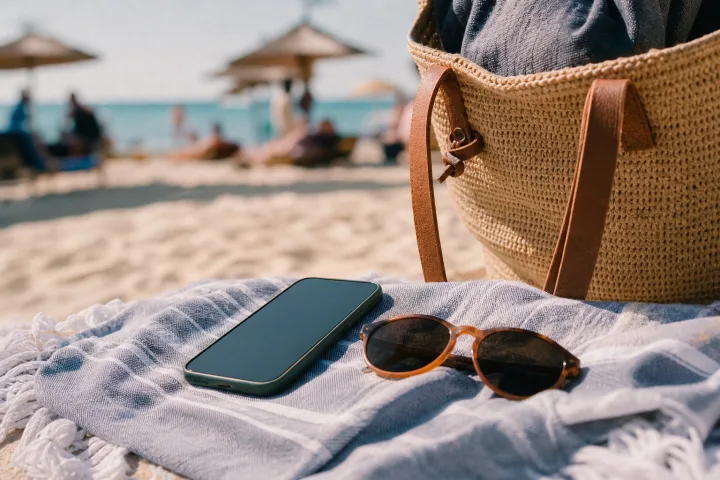 Smartphone appoggiato su un telo mare con ombrelloni sfocati sullo sfondo.