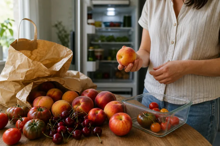 Frutta estiva appena comprata su un tavolo di cucina con contenitori e buste riutilizzabili.