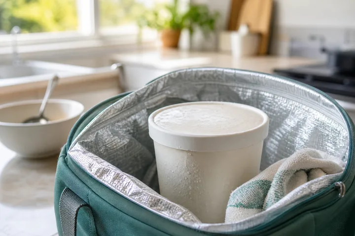 Borsa termica aperta su un piano cucina con una vaschetta di gelato appena acquistata e luce estiva naturale.