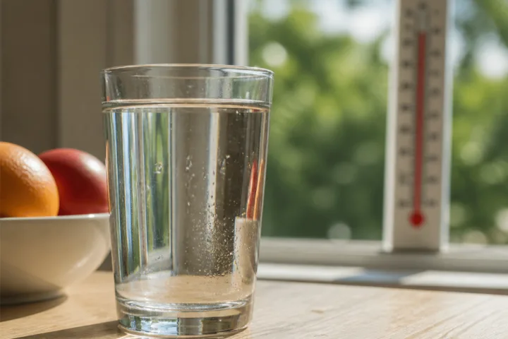 Bicchiere d’acqua su un tavolo vicino a frutta fresca in una cucina luminosa d’estate