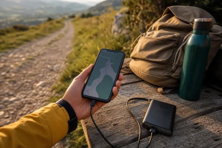Mano con smartphone collegato a un power bank su una panchina lungo un sentiero