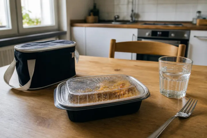 Vaschetta chiusa con piatto pronto su un tavolo di cucina accanto a una borsa termica
