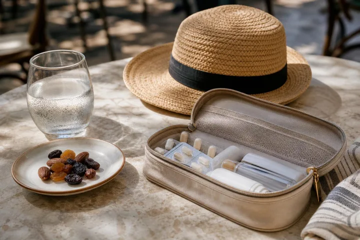 Tavolo estivo con acqua, snack e piccolo kit da viaggio all'ombra.