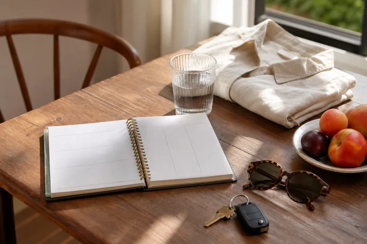 Tavolo ordinato con planner, chiavi, bicchiere d'acqua e vestiti pronti per il lunedì