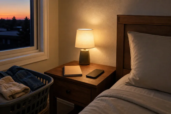 Cesta del bucato, agenda e telefono a faccia in giù su un comodino in camera da letto