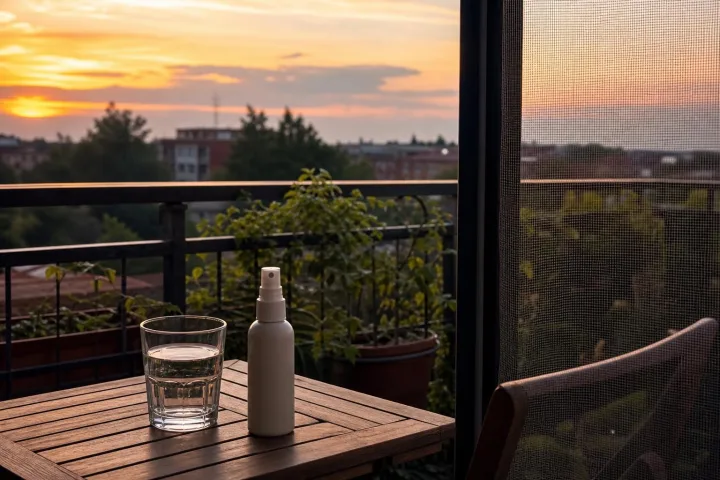 Balcone estivo al tramonto con zanzariera e repellente senza etichetta su un tavolino.