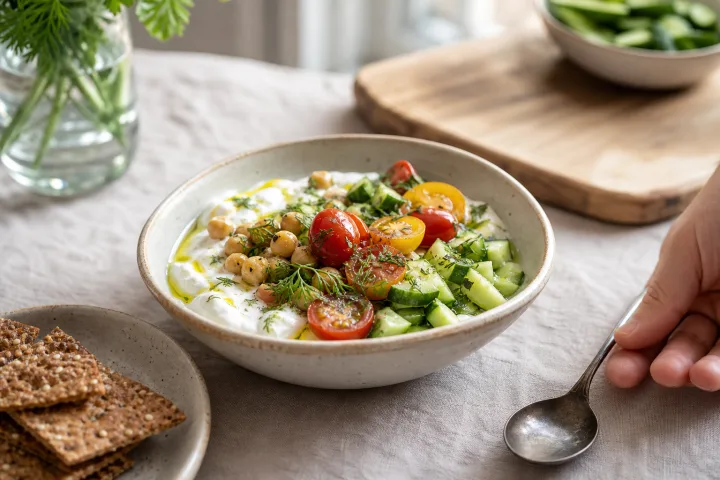 Ciotola salata di yogurt greco con cetrioli, pomodorini, ceci ed erbe su un tavolo da cucina illuminato dalla finestra.