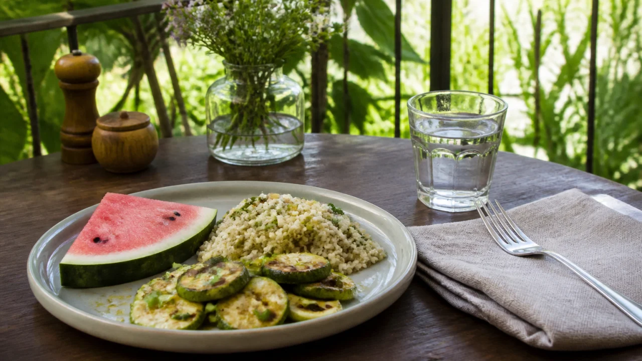 Tavola estiva ombreggiata con anguria, piatto salato leggero e bicchiere d'acqua.