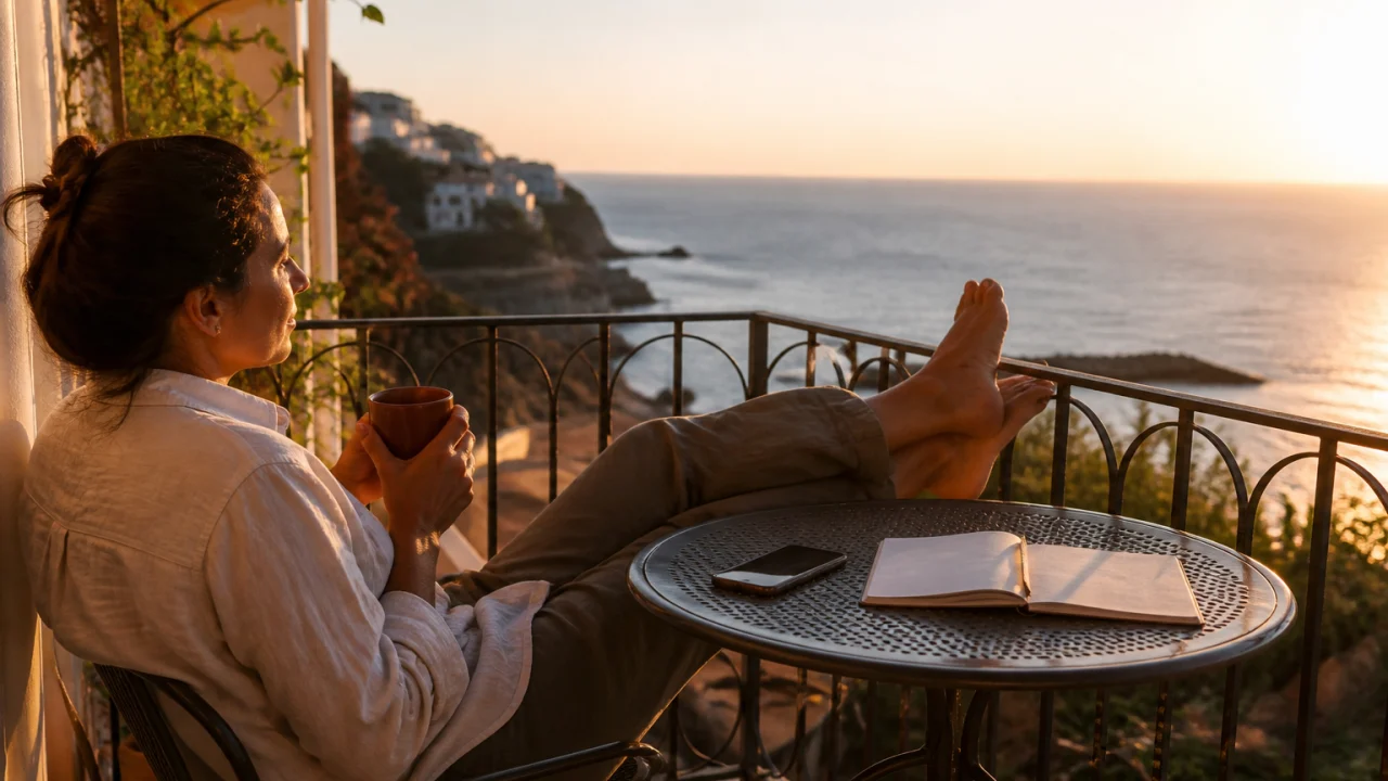 Persona su un balcone di vacanza al tramonto con telefono girato e quaderno sul tavolo.