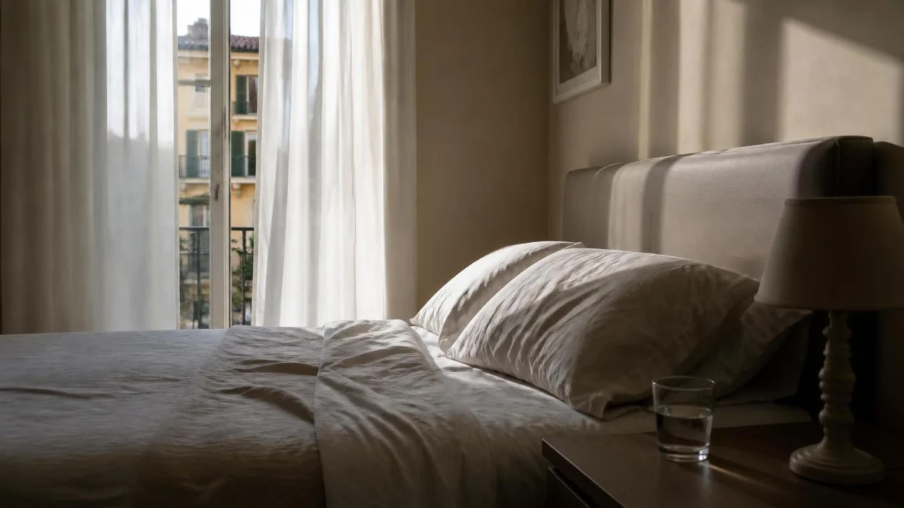 Camera da letto al mattino con acqua sul comodino e luce estiva dalle tende.