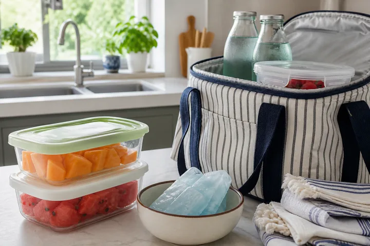 Contenitori di frutta, bottiglie fresche e borsa termica preparati in cucina per un pranzo estivo.