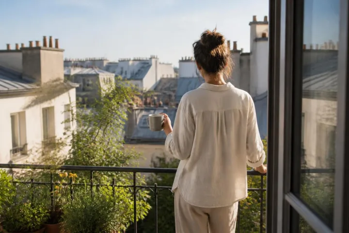Persona su un balcone al mattino con una tazza e luce naturale dopo una notte estiva corta.