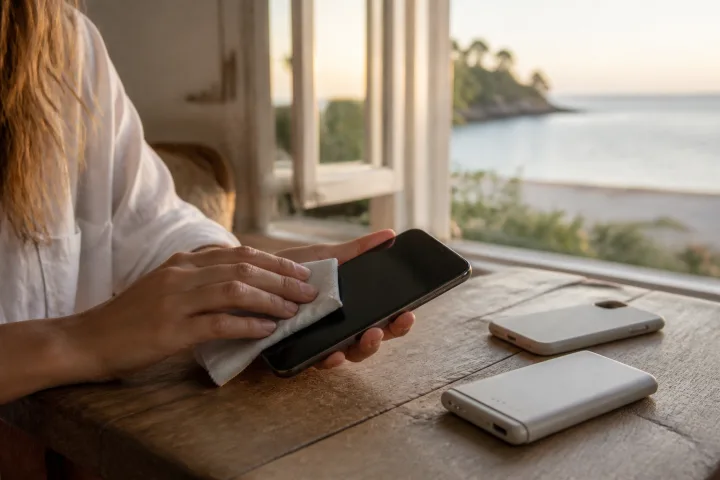 Mani che puliscono uno smartphone con un panno in microfibra su un tavolo vicino al mare.