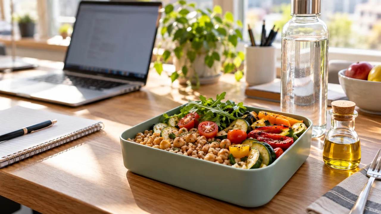 Schiscetta completa e colorata su una scrivania da lavoro, con cereali, legumi, verdure e acqua.