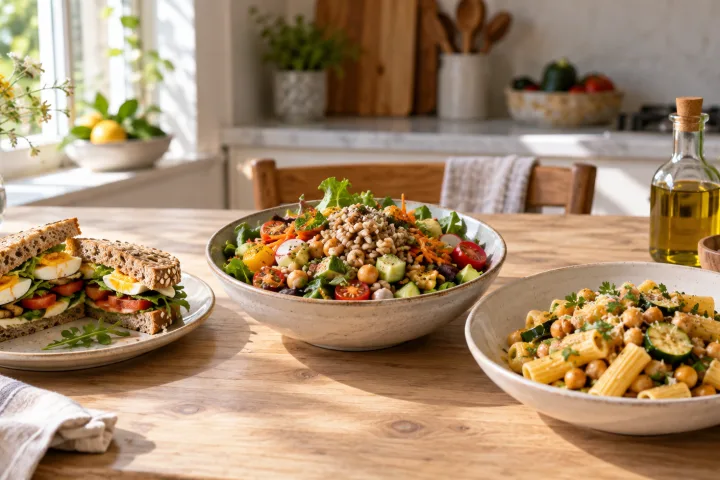Tre idee di pranzo saziante con panino integrale, insalata completa e pasta con legumi e verdure.