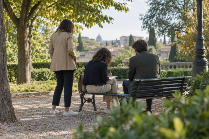 Tre colleghi fanno una breve sosta su una panchina durante una riunione camminata in un parco urbano.